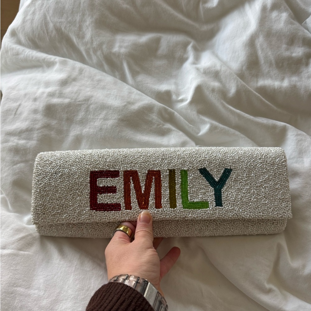 Custom Emily Rainbow White Beaded Clutch Bag